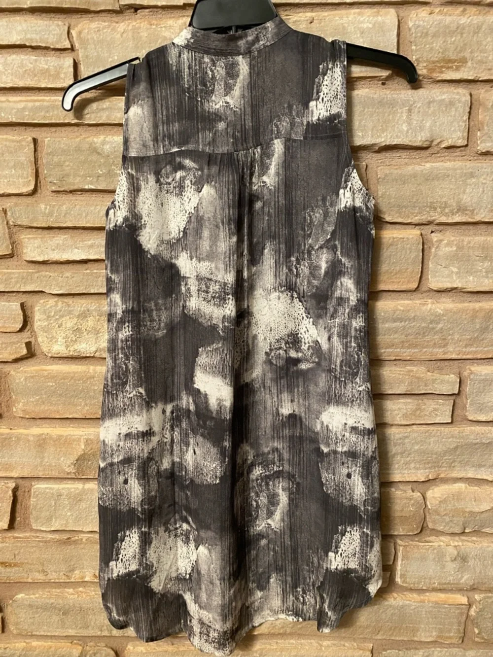 Eileen Fisher 100% Silk Ink Blot Print Tunic Top Sz XS Mandarin Collar Runs Big
